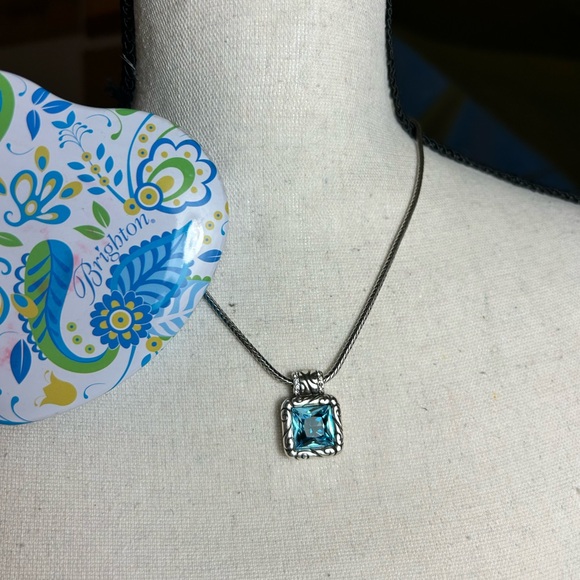 Brighton Regina Necklace Square Blue Crystal Pendant Silver Plated 17" & Tin - Picture 2 of 13
